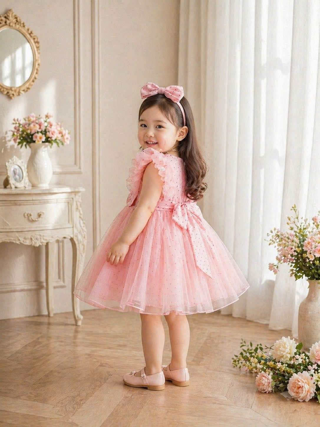 Prettiest Blush Dress 3M–2Y | Pearl Tulle Baby Dress with Bow | Birthday & Photoshoot Outfit