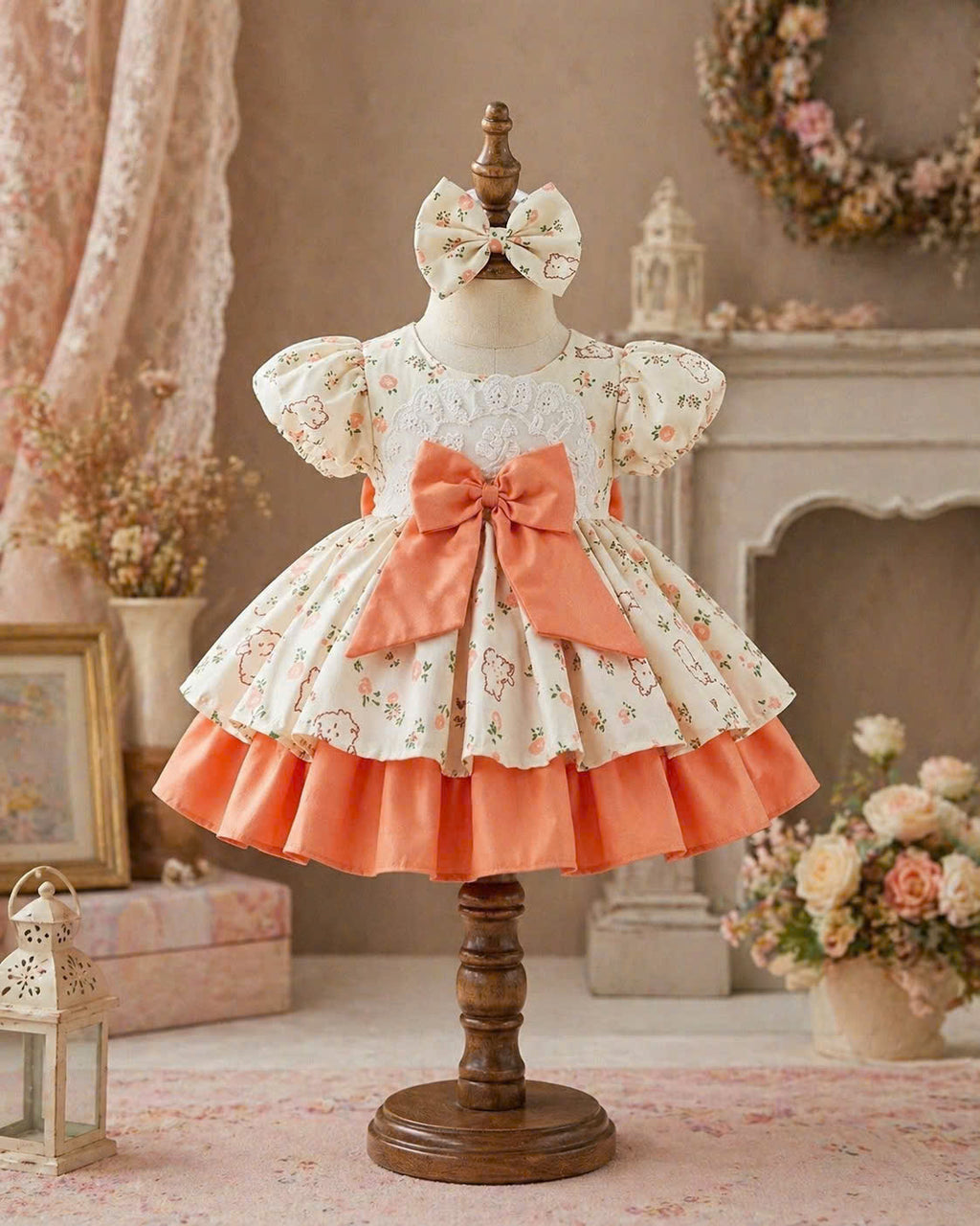 Orange Blossom Lolita Dress 3M–2Y | Ruffle Cotton Baby Dress with Bow | Playdate & Photoshoot Outfit