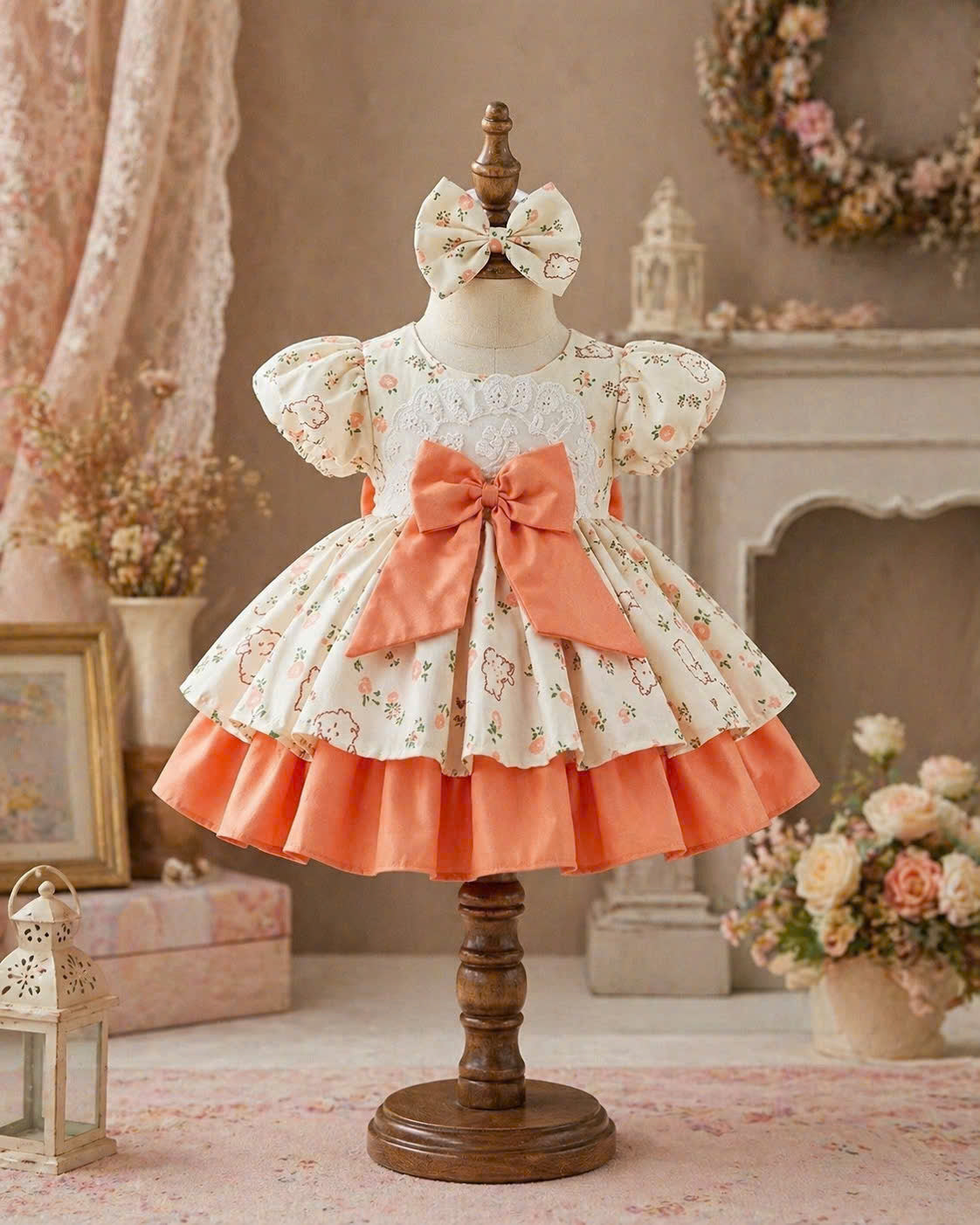 Orange Blossom Lolita Dress 3M–2Y | Ruffle Cotton Baby Dress with Bow | Playdate & Photoshoot Outfit