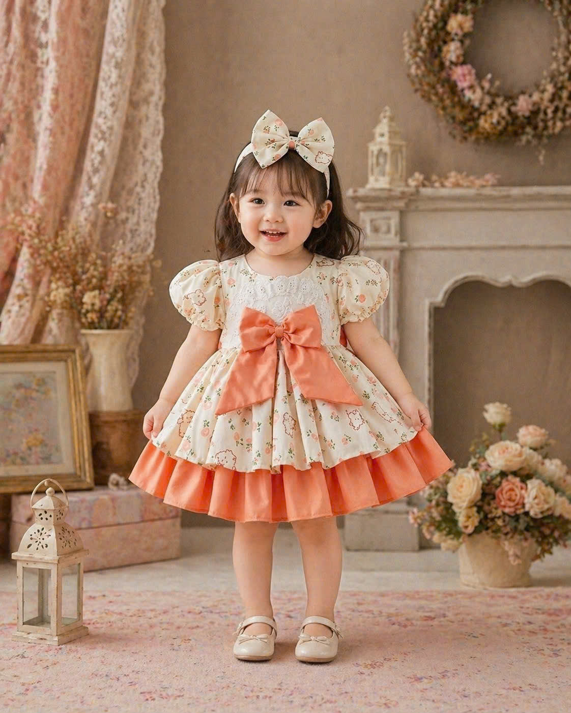 Orange Blossom Lolita Dress 3M–2Y | Ruffle Cotton Baby Dress with Bow | Playdate & Photoshoot Outfit