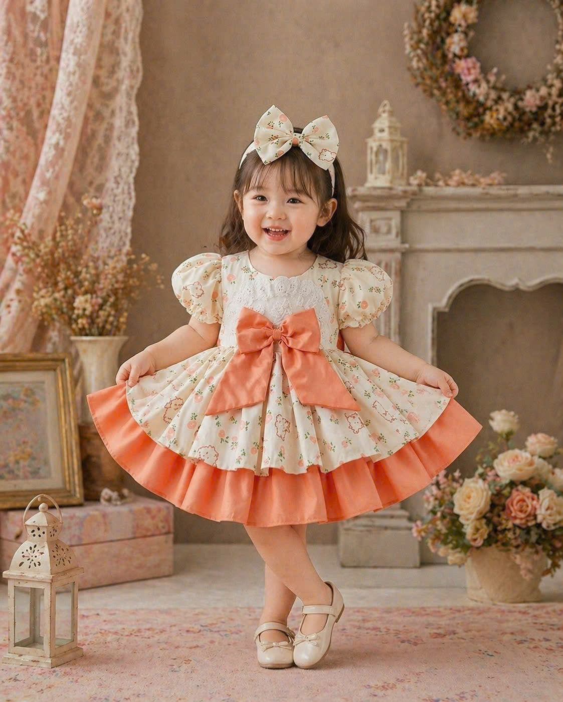 Orange Blossom Lolita Dress 3M–2Y | Ruffle Cotton Baby Dress with Bow | Playdate & Photoshoot Outfit