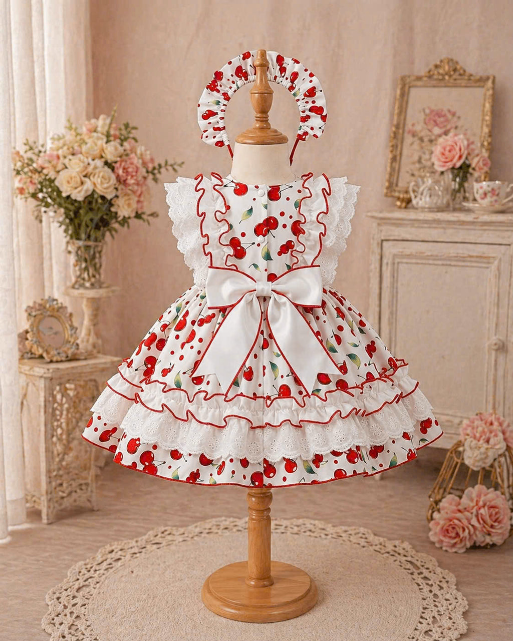Little Miss Cherry Dress 0–5Y | Cherry Gingham Lace Baby Dress with Bow | Photoshoot & Party Outfit