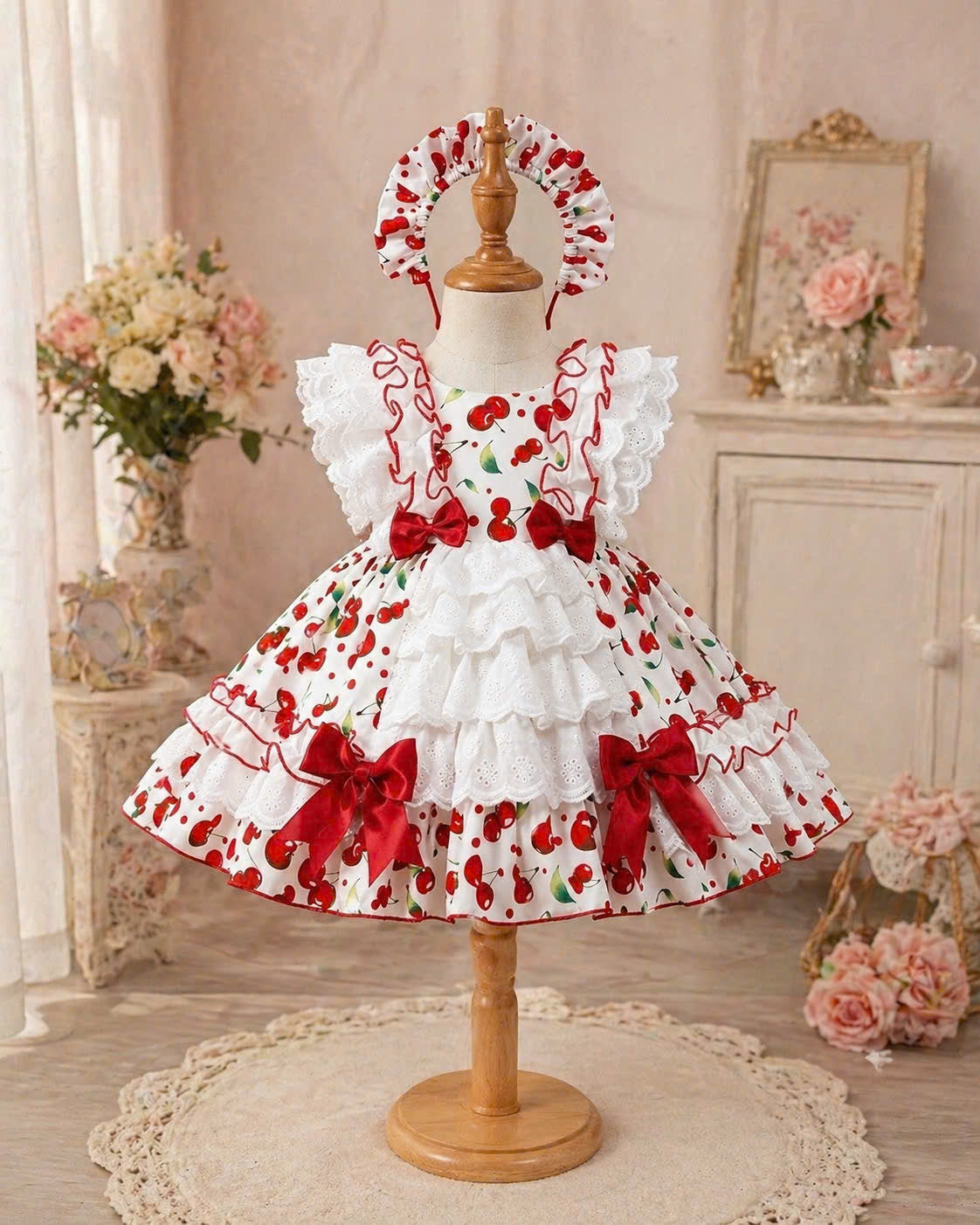Little Miss Cherry Dress 0–5Y | Cherry Gingham Lace Baby Dress with Bow | Photoshoot & Party Outfit