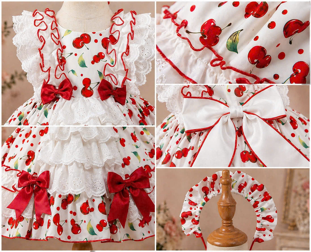 Little Miss Cherry Dress 0–5Y | Cherry Gingham Lace Baby Dress with Bow | Photoshoot & Party Outfit