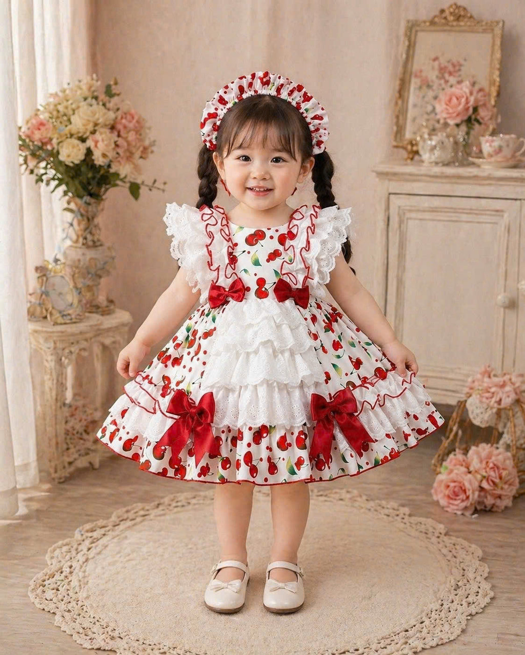 Little Miss Cherry Dress 0–5Y | Cherry Gingham Lace Baby Dress with Bow | Photoshoot & Party Outfit