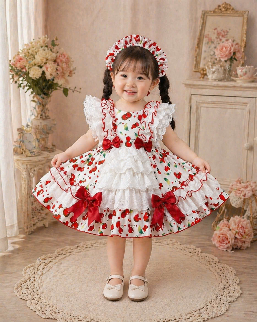 Little Miss Cherry Dress 0–5Y | Cherry Gingham Lace Baby Dress with Bow | Photoshoot & Party Outfit