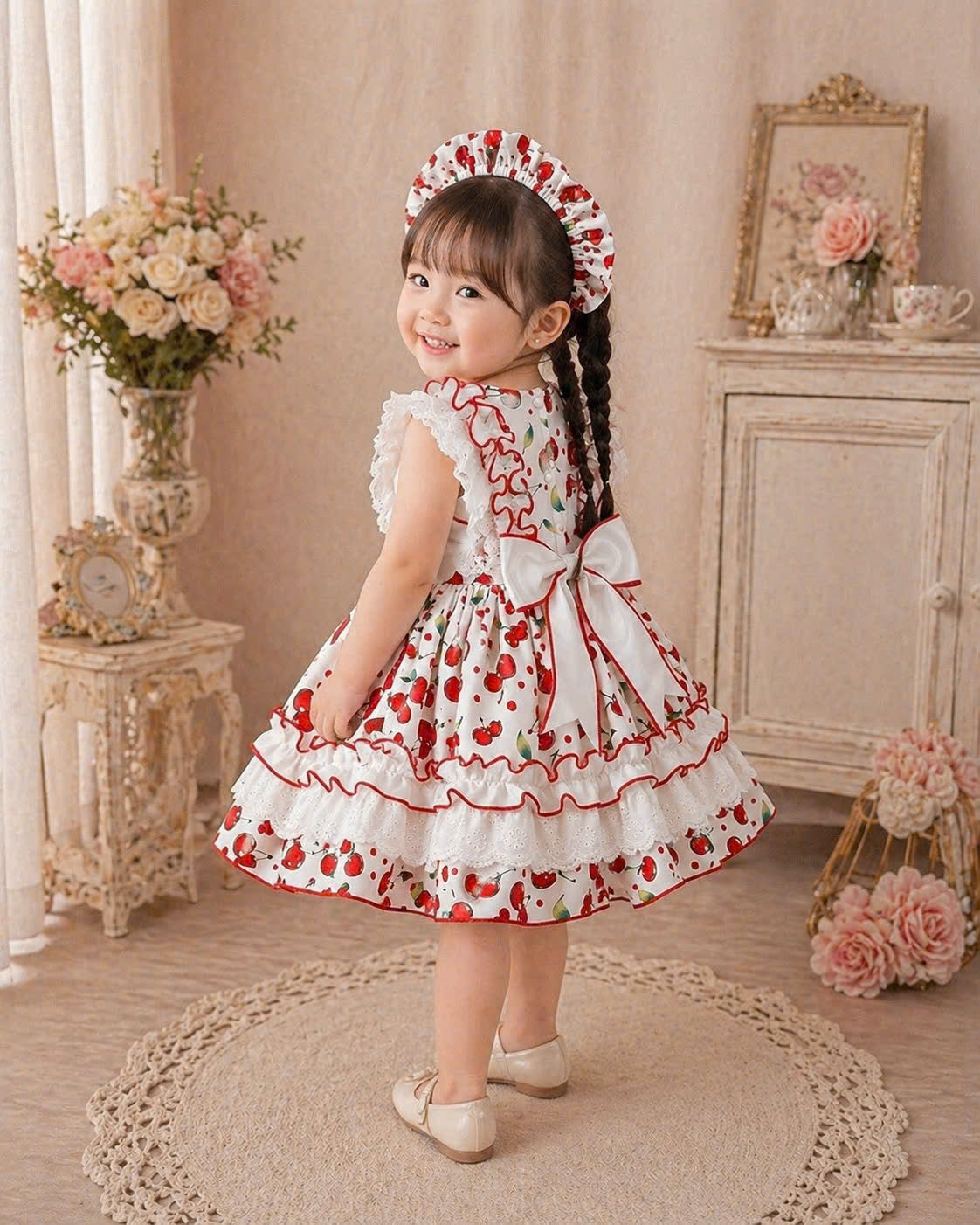 Little Miss Cherry Dress 0–5Y | Cherry Gingham Lace Baby Dress with Bow | Photoshoot & Party Outfit