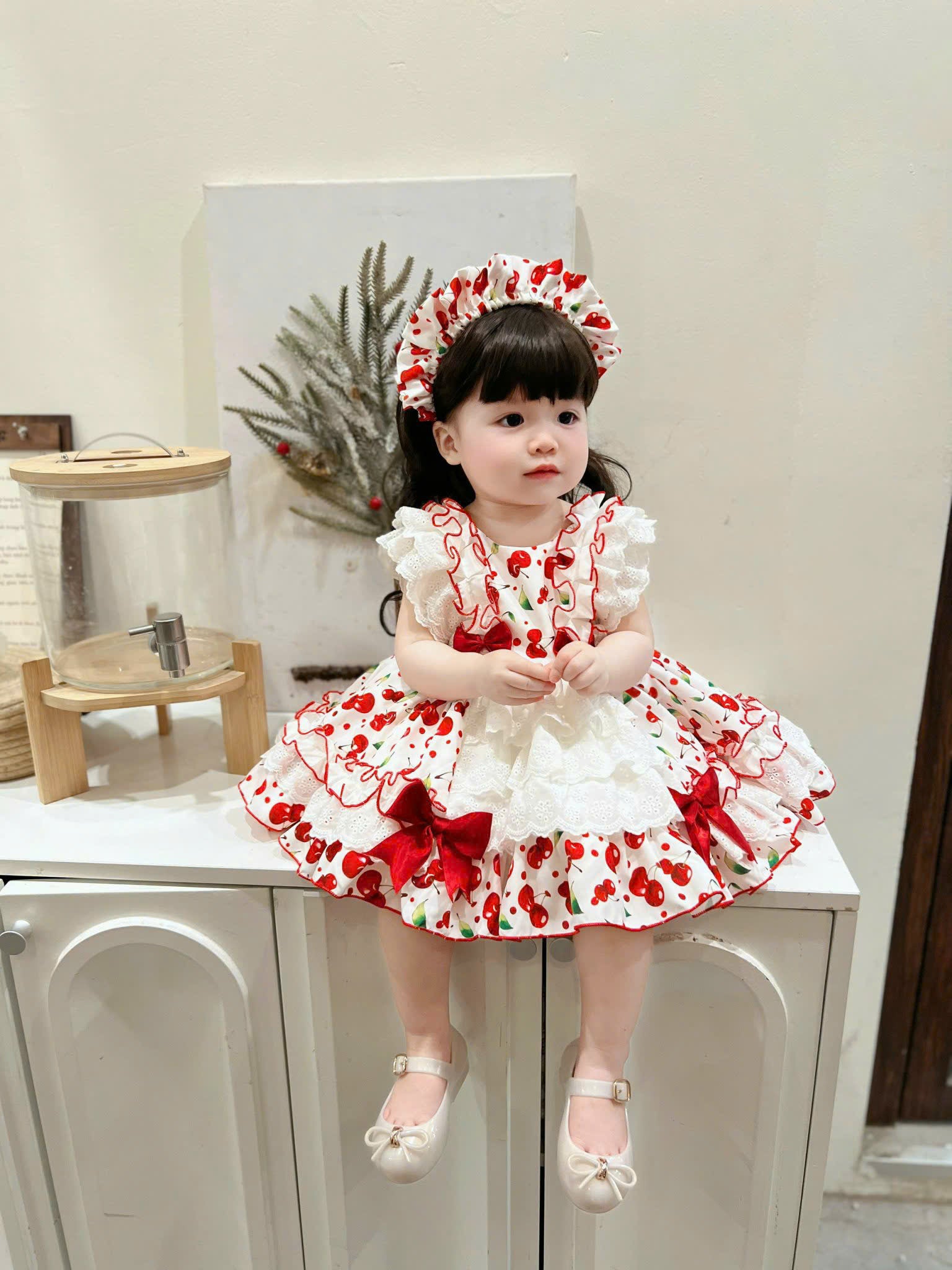 Little Miss Cherry Dress 0–5Y | Cherry Gingham Lace Baby Dress with Bow | Photoshoot & Party Outfit