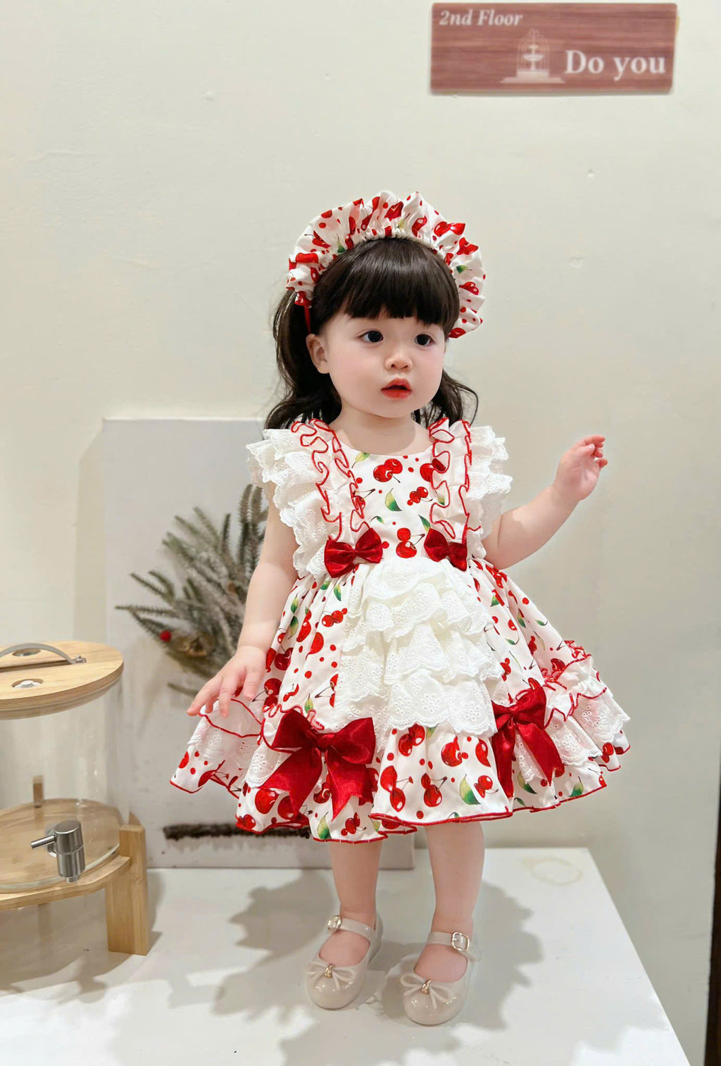 Little Miss Cherry Dress 0–5Y | Cherry Gingham Lace Baby Dress with Bow | Photoshoot & Party Outfit