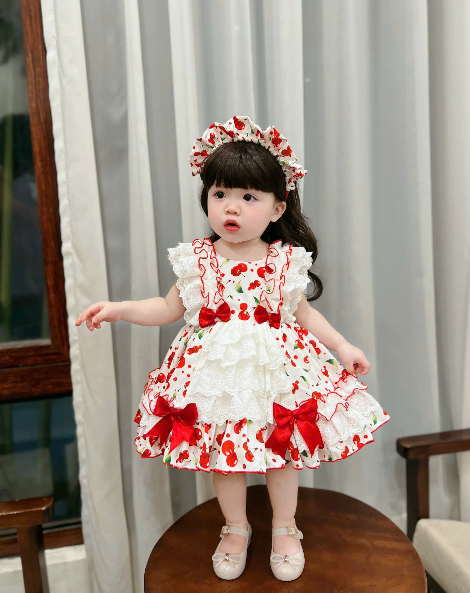 Little Miss Cherry Dress 0–5Y | Cherry Gingham Lace Baby Dress with Bow | Photoshoot & Party Outfit