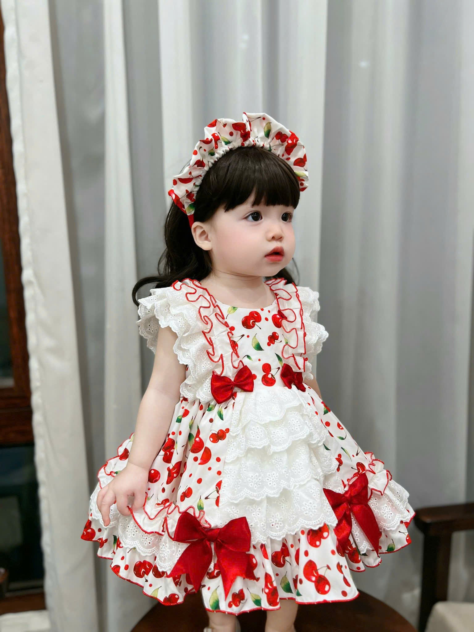 Little Miss Cherry Dress 0–5Y | Cherry Gingham Lace Baby Dress with Bow | Photoshoot & Party Outfit