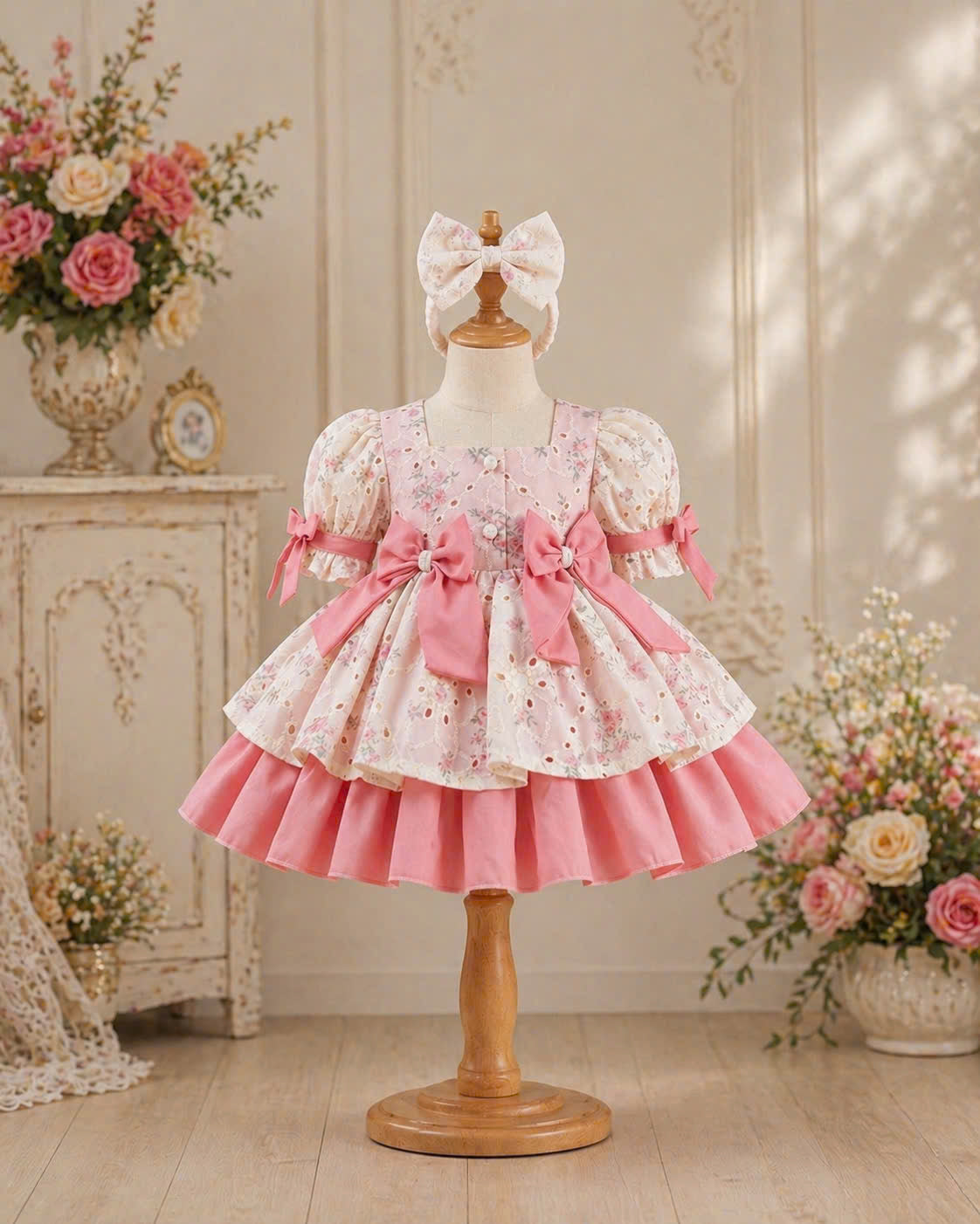 Pink Sweetheart Lolita Dress 3M–2Y | Ruffle Lace Baby Dress with Bow | Birthday & Photoshoot Outfit