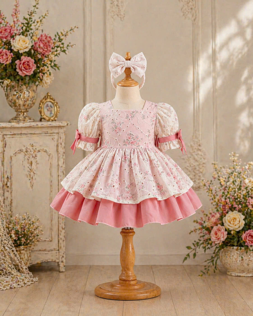 Pink Sweetheart Lolita Dress 3M–2Y | Ruffle Lace Baby Dress with Bow | Birthday & Photoshoot Outfit