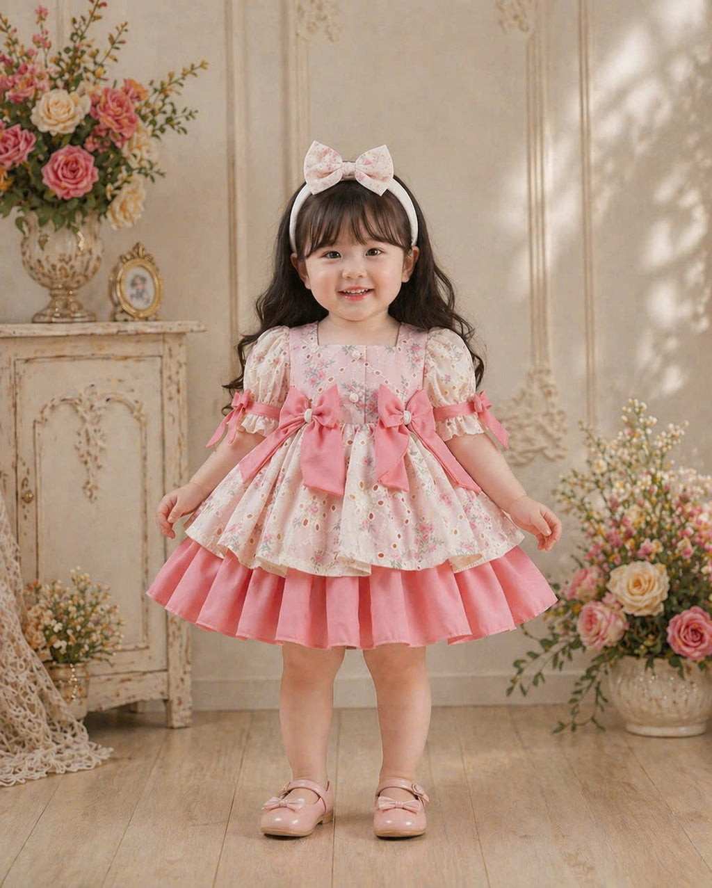 Pink Sweetheart Lolita Dress 3M–2Y | Ruffle Lace Baby Dress with Bow | Birthday & Photoshoot Outfit