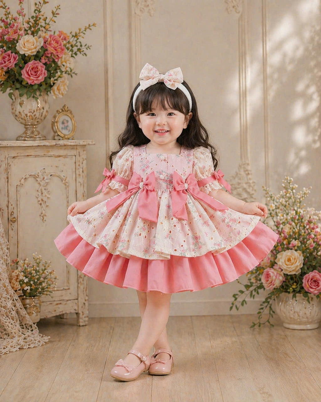 Pink Sweetheart Lolita Dress 3M–2Y | Ruffle Lace Baby Dress with Bow | Birthday & Photoshoot Outfit