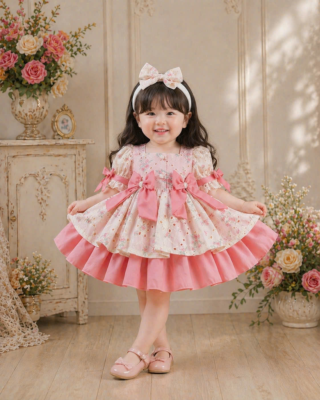 Pink Sweetheart Lolita Dress 3M–2Y | Ruffle Lace Baby Dress with Bow | Birthday & Photoshoot Outfit