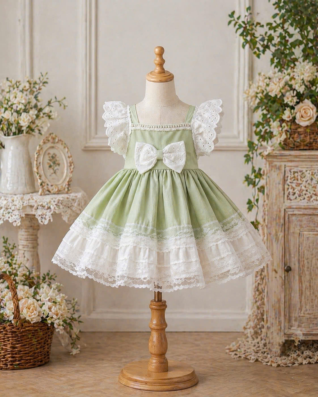 Mint Lace Tutu Lolita Dress 3M-2Y | Ruffle Tulle Baby Dress with Bow | Birthday & Photoshoot Outfit
