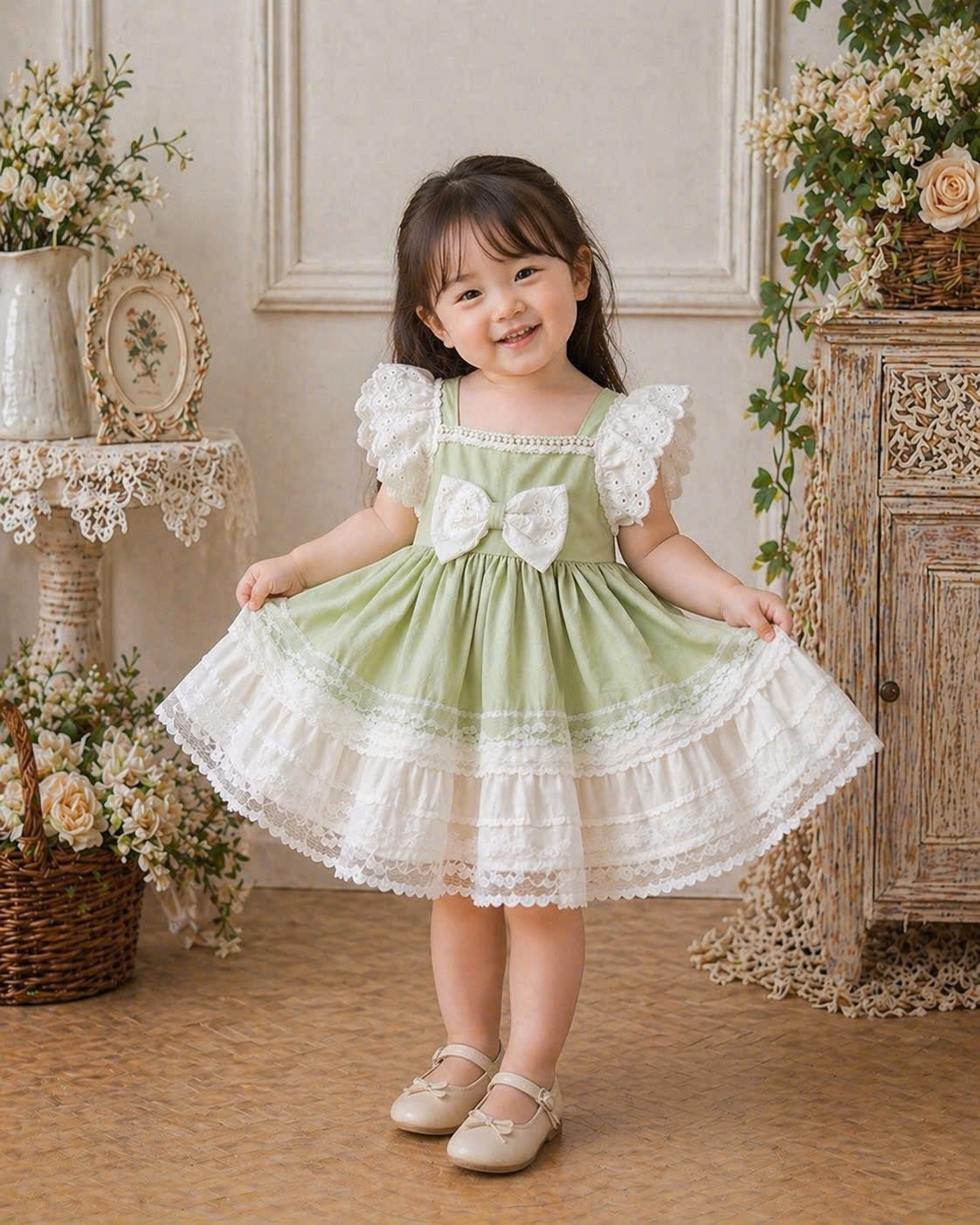 Mint Lace Tutu Lolita Dress 3M-2Y | Ruffle Tulle Baby Dress with Bow | Birthday & Photoshoot Outfit