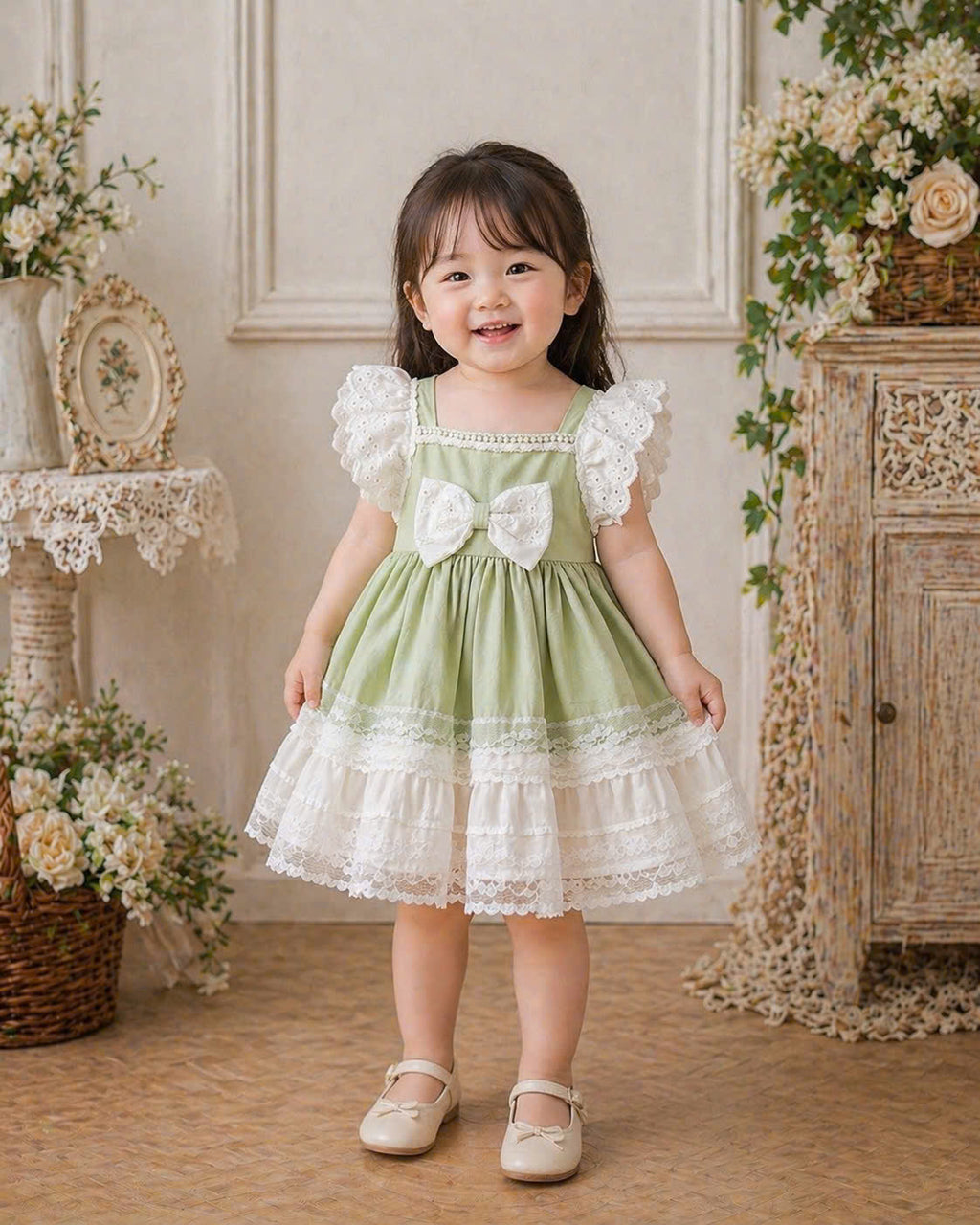 Mint Lace Tutu Lolita Dress 3M-2Y | Ruffle Tulle Baby Dress with Bow | Birthday & Photoshoot Outfit
