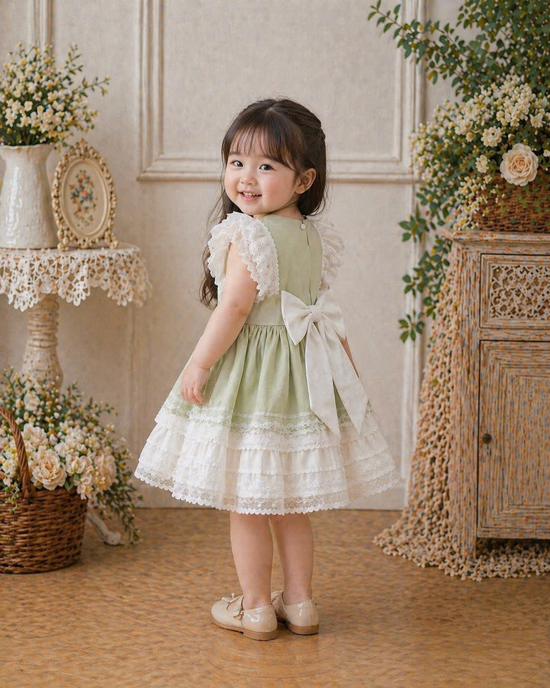 Mint Lace Tutu Lolita Dress 3M-2Y | Ruffle Tulle Baby Dress with Bow | Birthday & Photoshoot Outfit