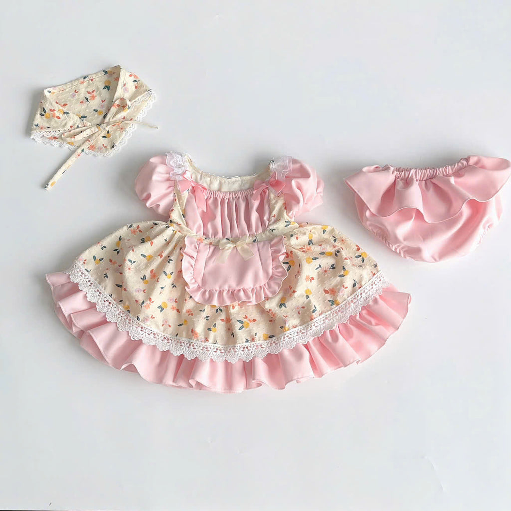 Cinderella Cottage Dress Set 3M–3Y | Vintage Lace Apron Baby Dress with Bonnet | Photoshoot & Party Outfit