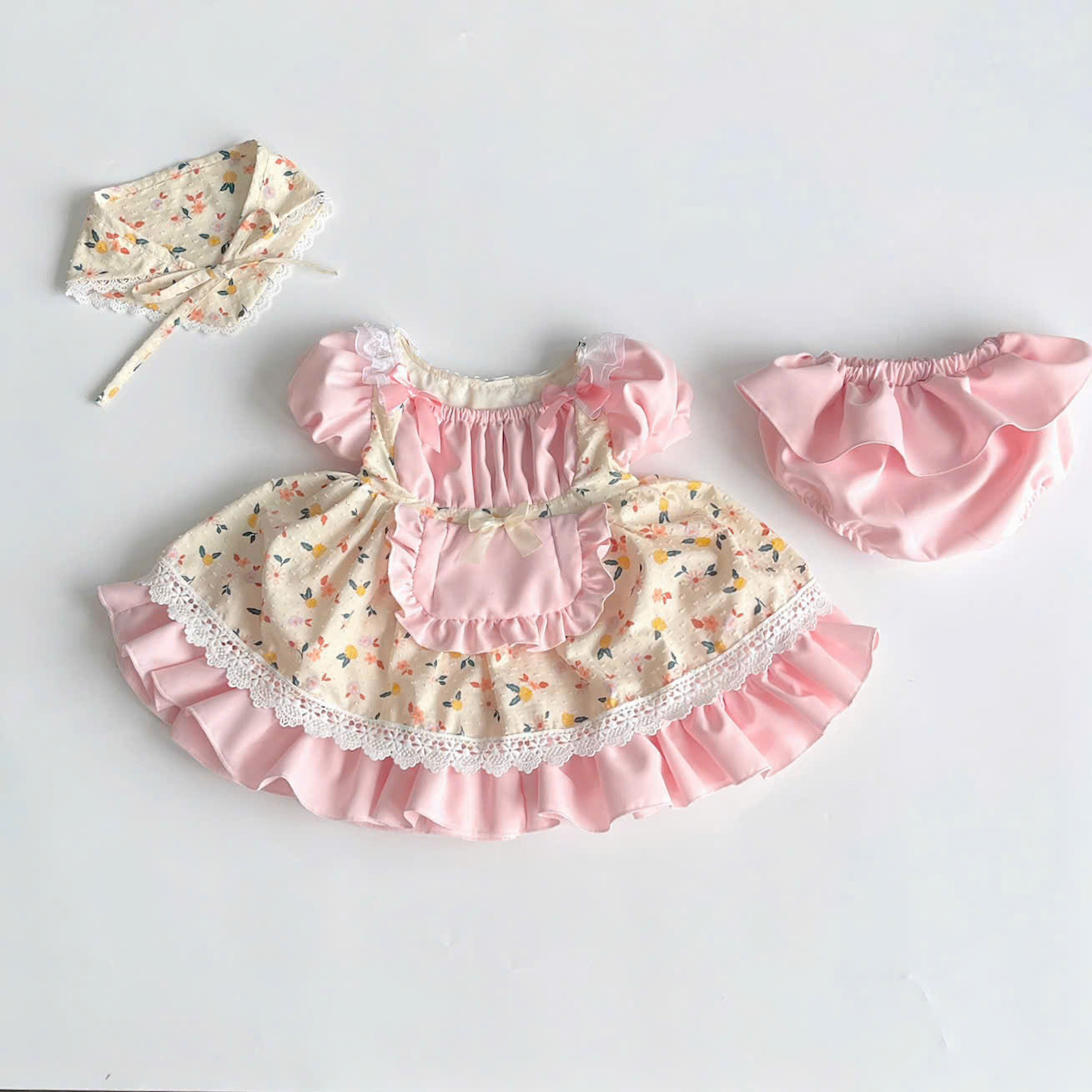 Cinderella Cottage Dress Set 3M–3Y | Vintage Lace Apron Baby Dress with Bonnet | Photoshoot & Party Outfit