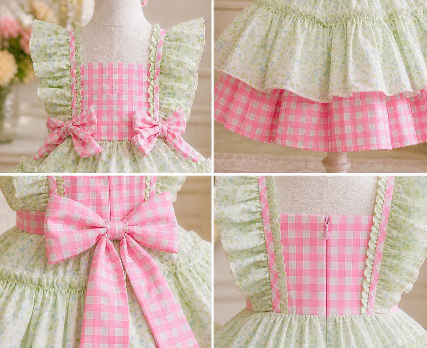 Blossom Picnic Lolita Dress 0-5Y | Gingham Floral Baby Dress with Bow | Playdate & Photoshoot Outfit