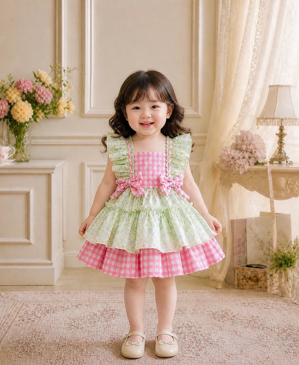 Blossom Picnic Lolita Dress 0-5Y | Gingham Floral Baby Dress with Bow | Playdate & Photoshoot Outfit
