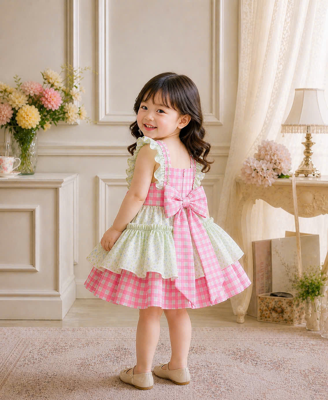 Blossom Picnic Lolita Dress 0-5Y | Gingham Floral Baby Dress with Bow | Playdate & Photoshoot Outfit