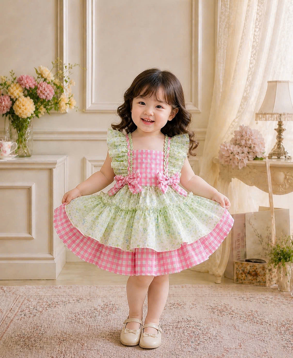 Blossom Picnic Lolita Dress 0-5Y | Gingham Floral Baby Dress with Bow | Playdate & Photoshoot Outfit