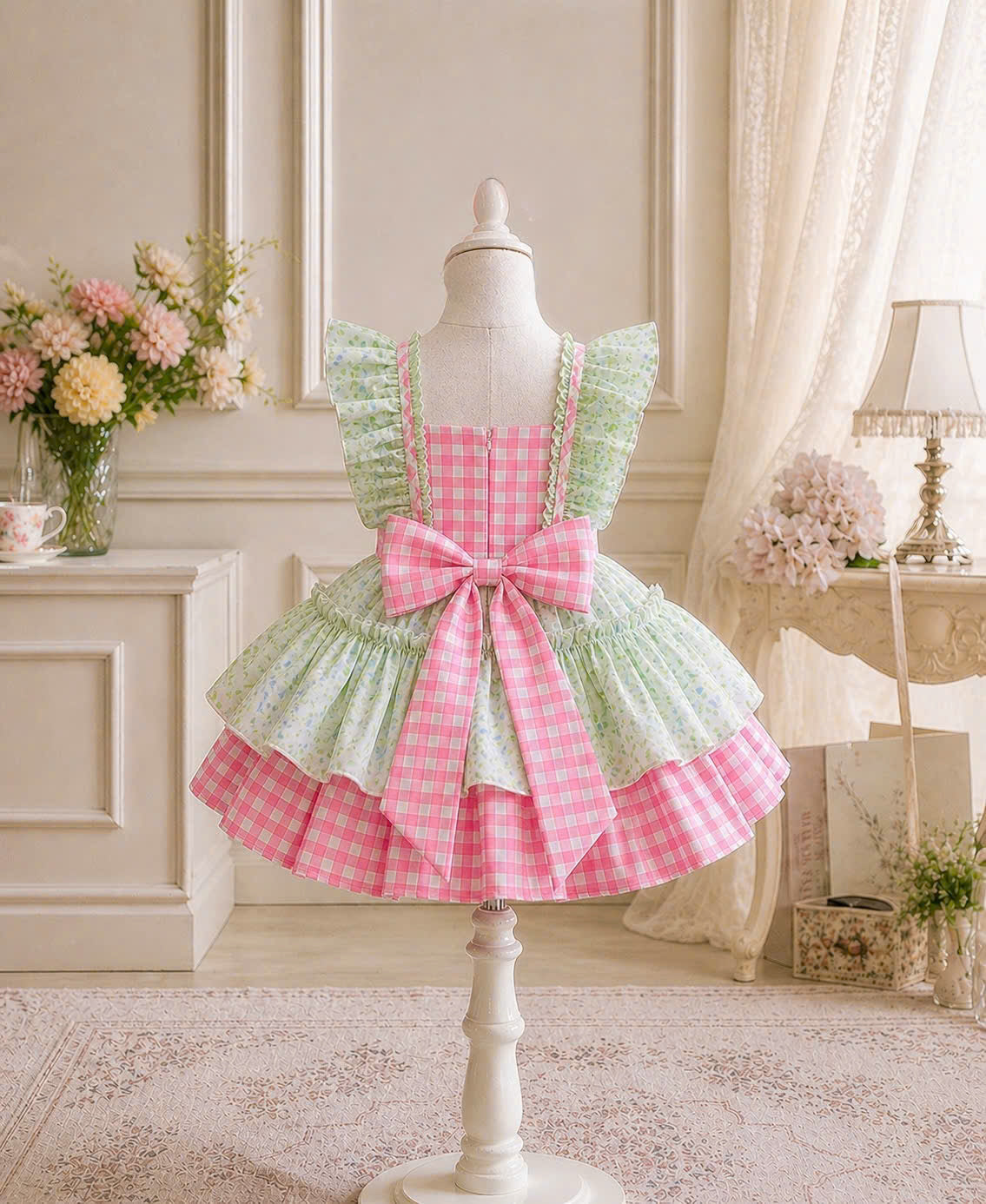Blossom Picnic Lolita Dress 0-5Y | Gingham Floral Baby Dress with Bow | Playdate & Photoshoot Outfit