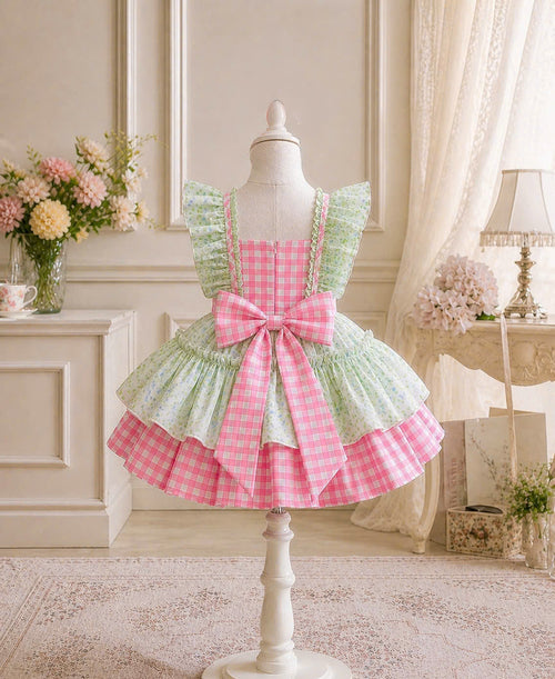 Blossom Picnic Lolita Dress 0-5Y | Gingham Floral Baby Dress with Bow | Playdate & Photoshoot Outfit