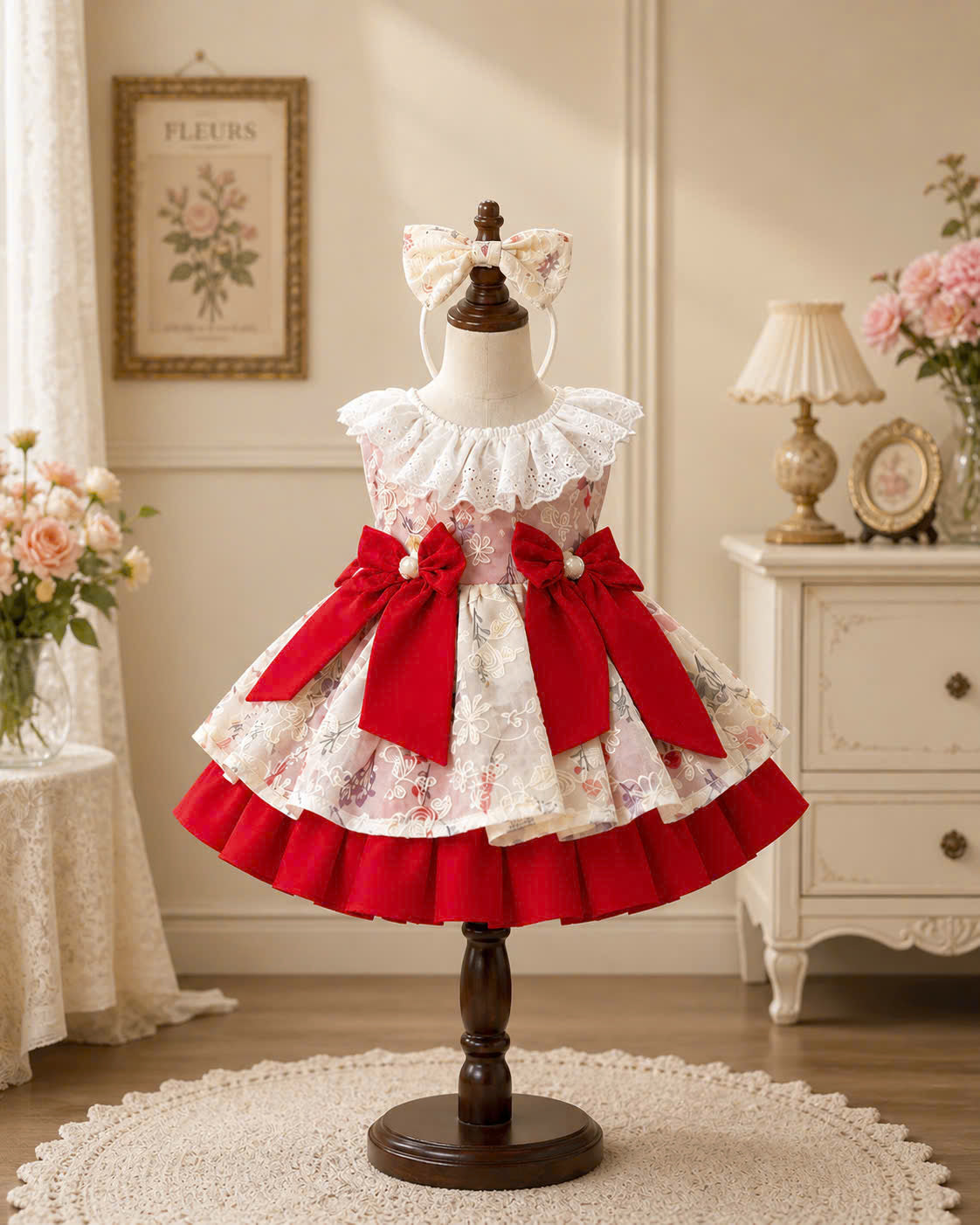Scarlet Bloom Lolita Dress 3M-2Y | Floral Ruffle Baby Dress with Bow | Birthday & Photoshoot Outfit