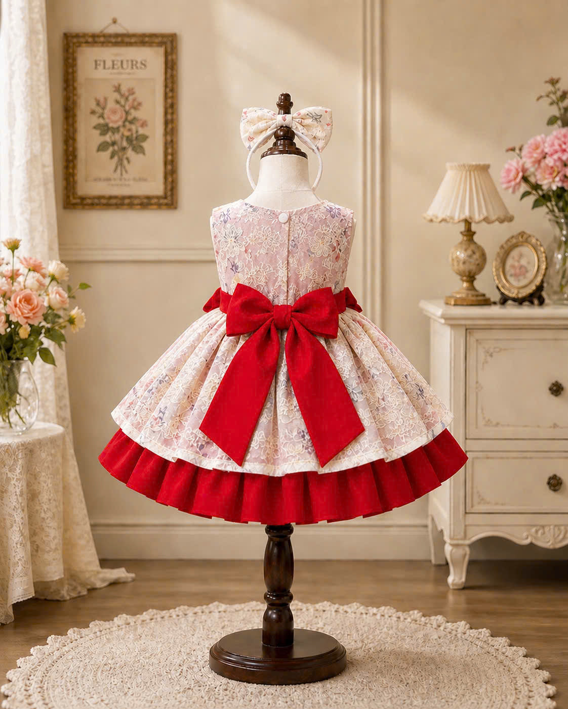Scarlet Bloom Lolita Dress 3M-2Y | Floral Ruffle Baby Dress with Bow | Birthday & Photoshoot Outfit