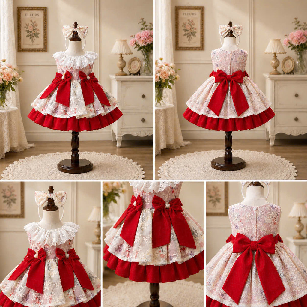 Scarlet Bloom Lolita Dress 3M-2Y | Floral Ruffle Baby Dress with Bow | Birthday & Photoshoot Outfit