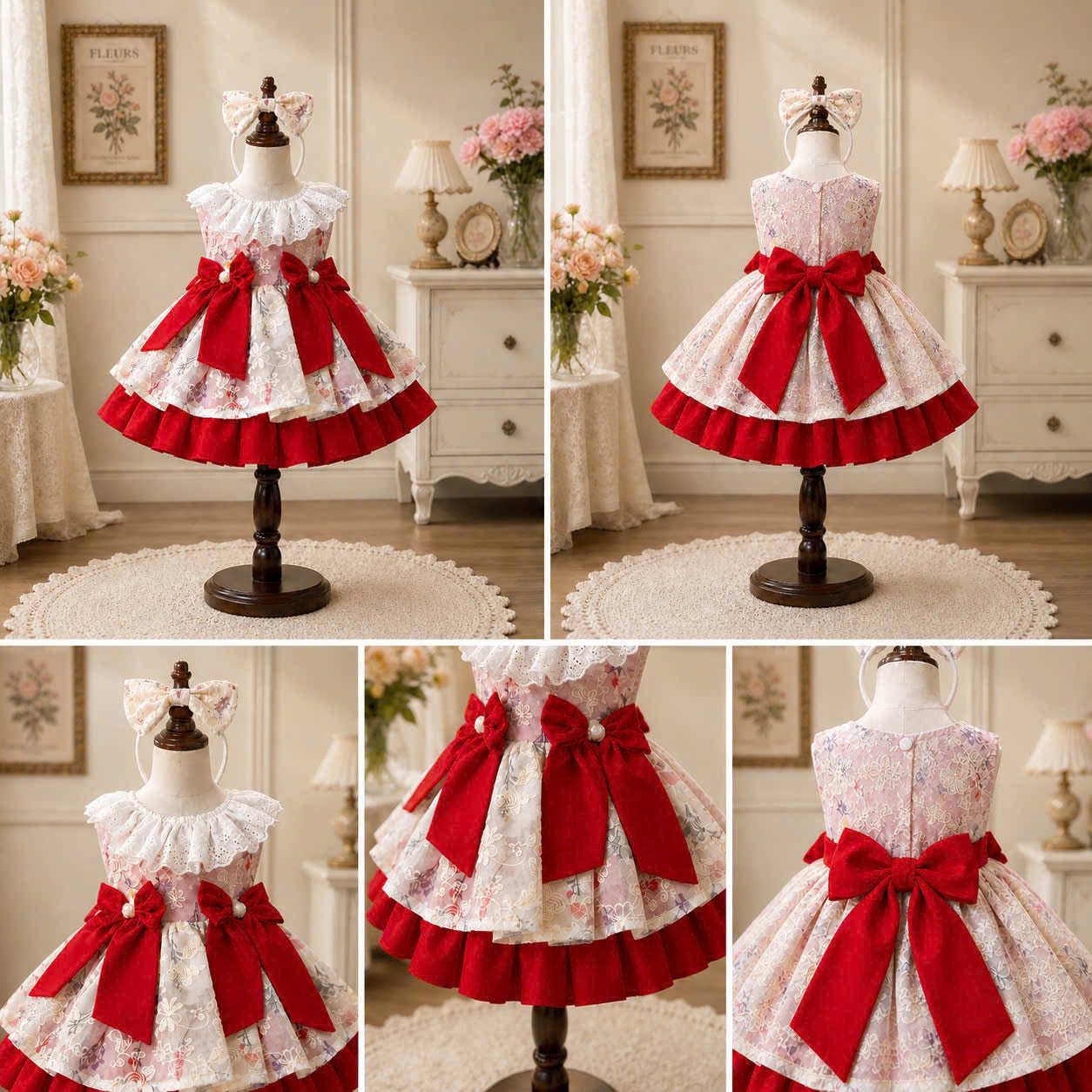 Scarlet Bloom Lolita Dress 3M-2Y | Floral Ruffle Baby Dress with Bow | Birthday & Photoshoot Outfit