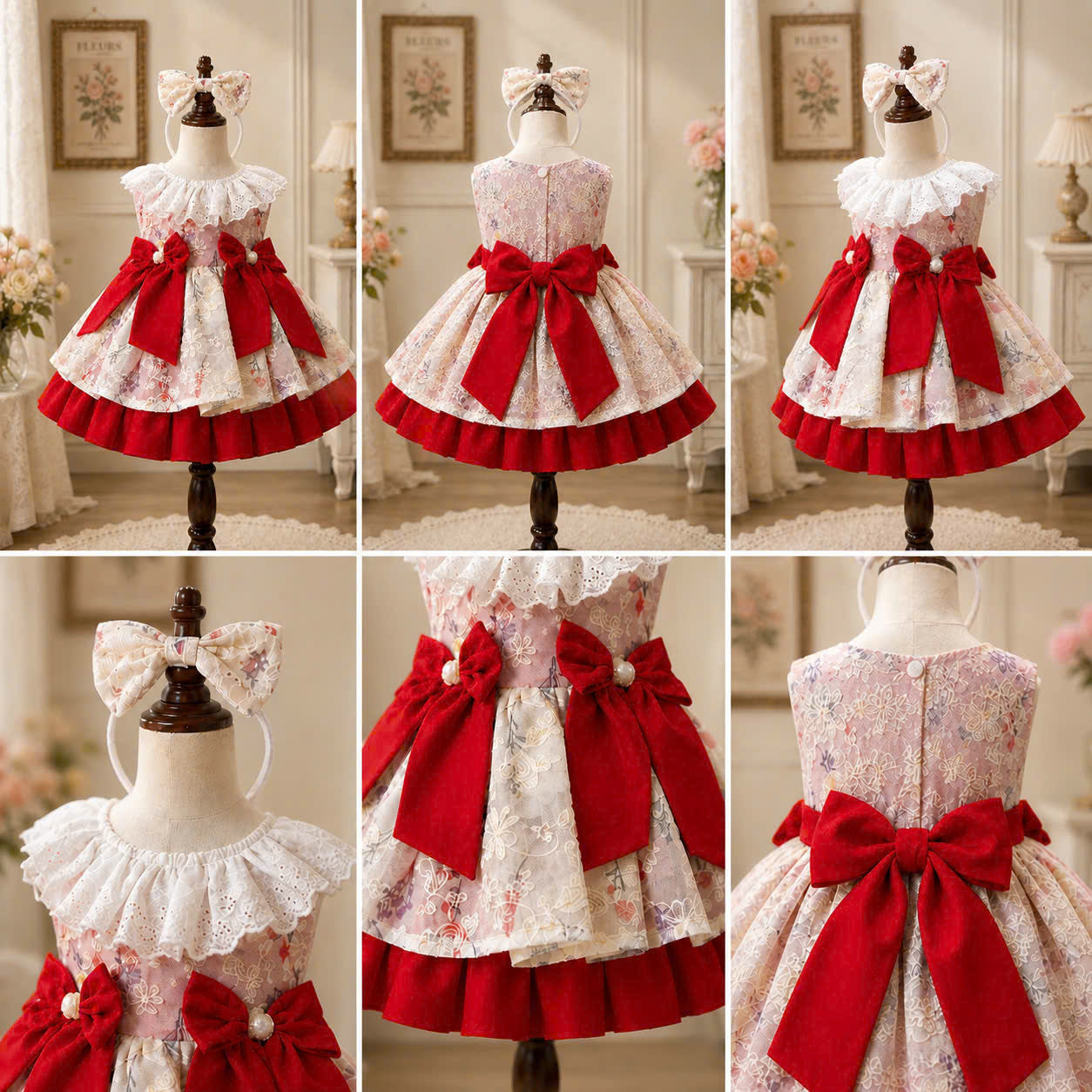 Scarlet Bloom Lolita Dress 3M-2Y | Floral Ruffle Baby Dress with Bow | Birthday & Photoshoot Outfit