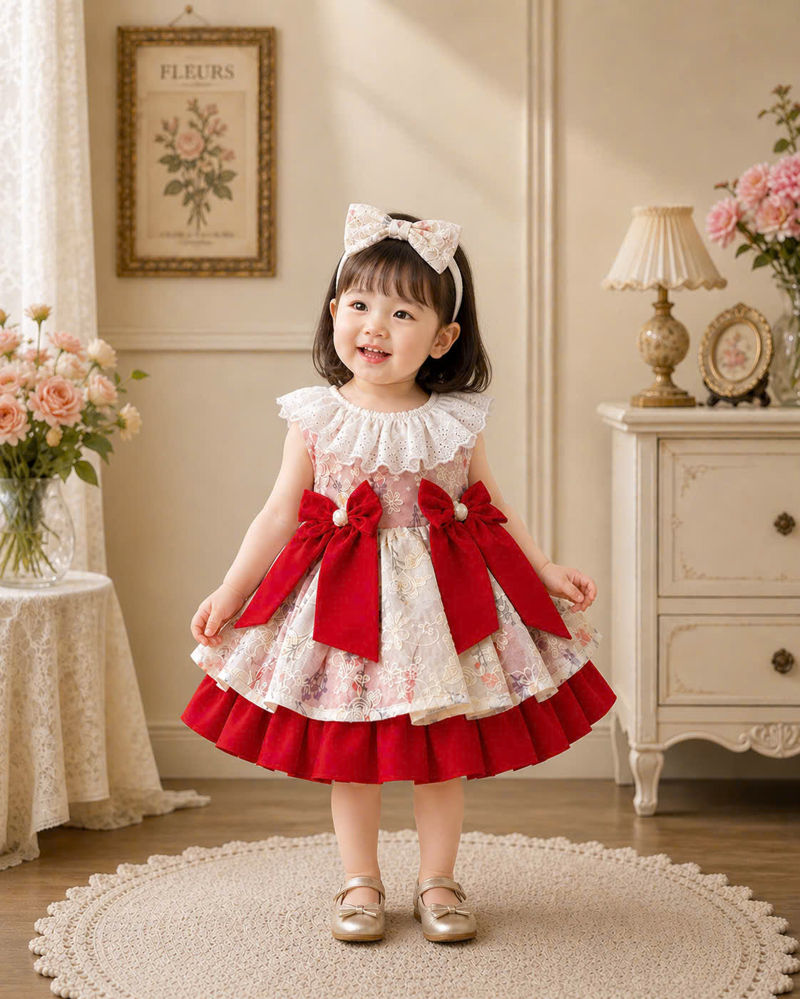 Scarlet Bloom Lolita Dress 3M-2Y | Floral Ruffle Baby Dress with Bow | Birthday & Photoshoot Outfit