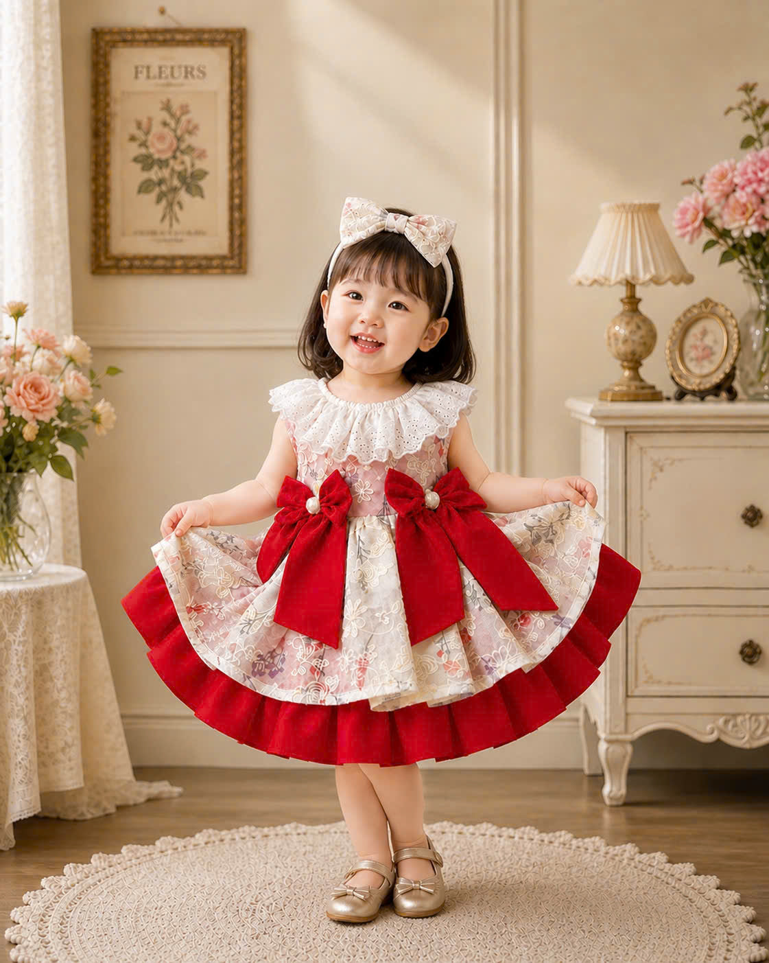 Scarlet Bloom Lolita Dress 3M-2Y | Floral Ruffle Baby Dress with Bow | Birthday & Photoshoot Outfit