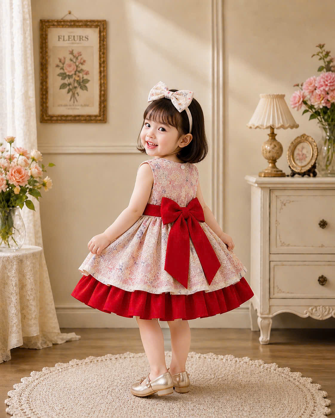 Scarlet Bloom Lolita Dress 3M-2Y | Floral Ruffle Baby Dress with Bow | Birthday & Photoshoot Outfit