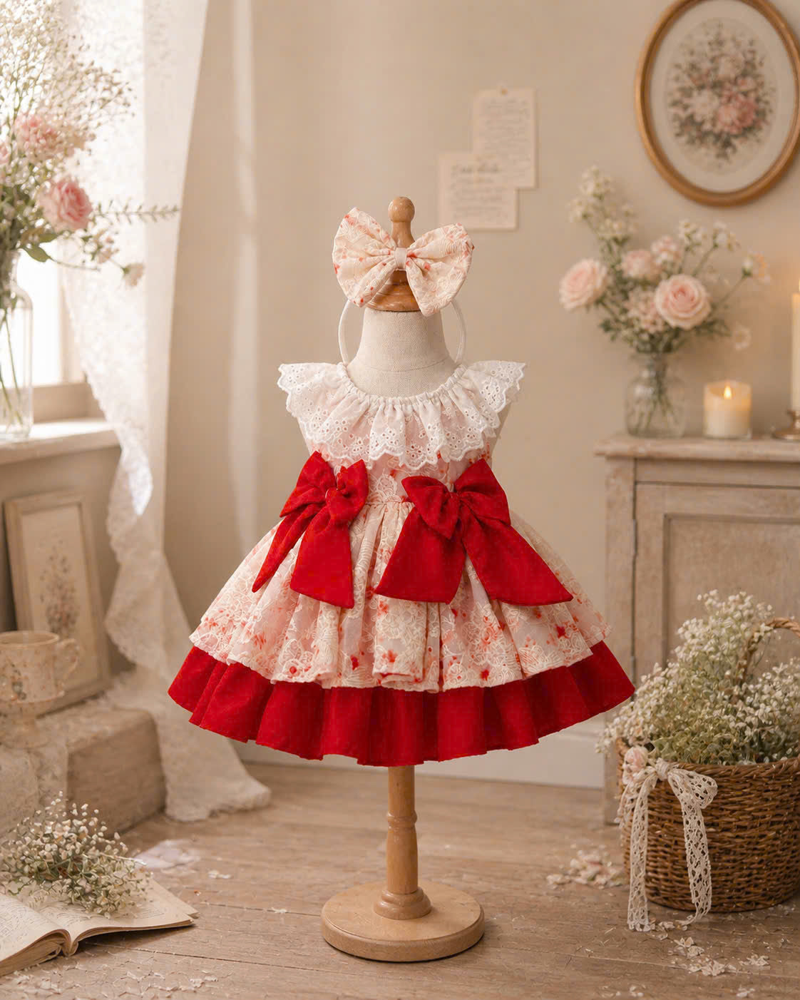 Scarlet Bloom Lolita Dress 3M-2Y | Floral Ruffle Baby Dress with Bow | Birthday & Photoshoot Outfit