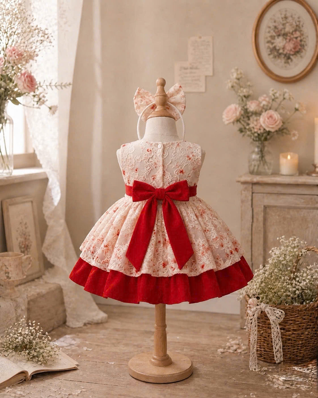 Scarlet Bloom Lolita Dress 3M-2Y | Floral Ruffle Baby Dress with Bow | Birthday & Photoshoot Outfit