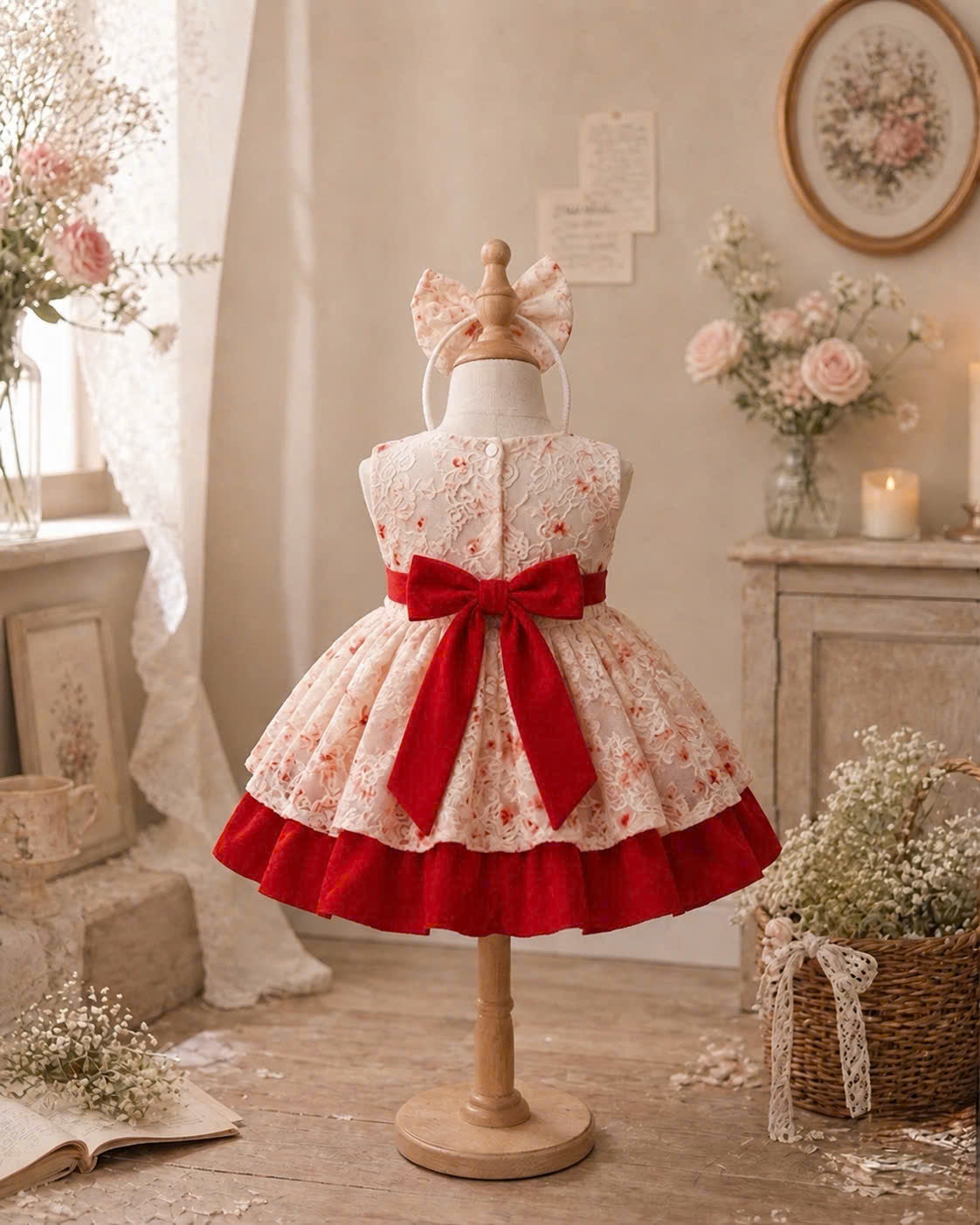 Scarlet Bloom Lolita Dress 3M-2Y | Floral Ruffle Baby Dress with Bow | Birthday & Photoshoot Outfit