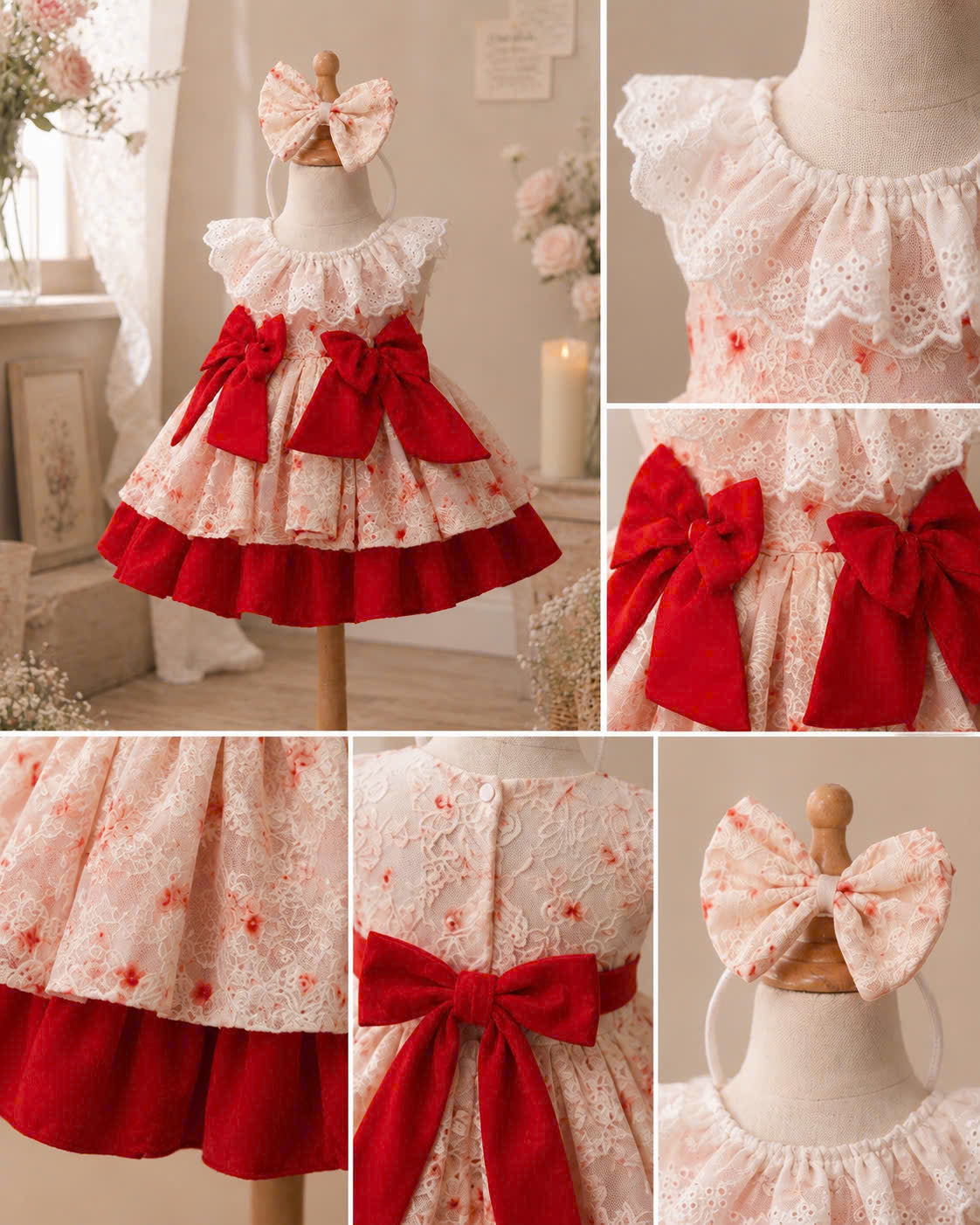 Scarlet Bloom Lolita Dress 3M-2Y | Floral Ruffle Baby Dress with Bow | Birthday & Photoshoot Outfit