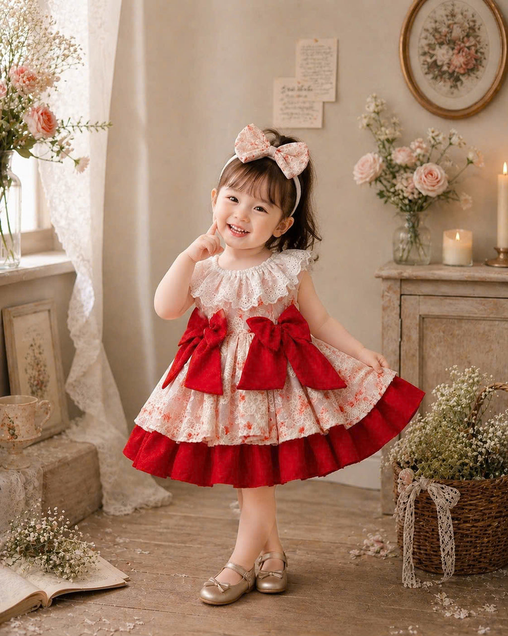 Scarlet Bloom Lolita Dress 3M-2Y | Floral Ruffle Baby Dress with Bow | Birthday & Photoshoot Outfit