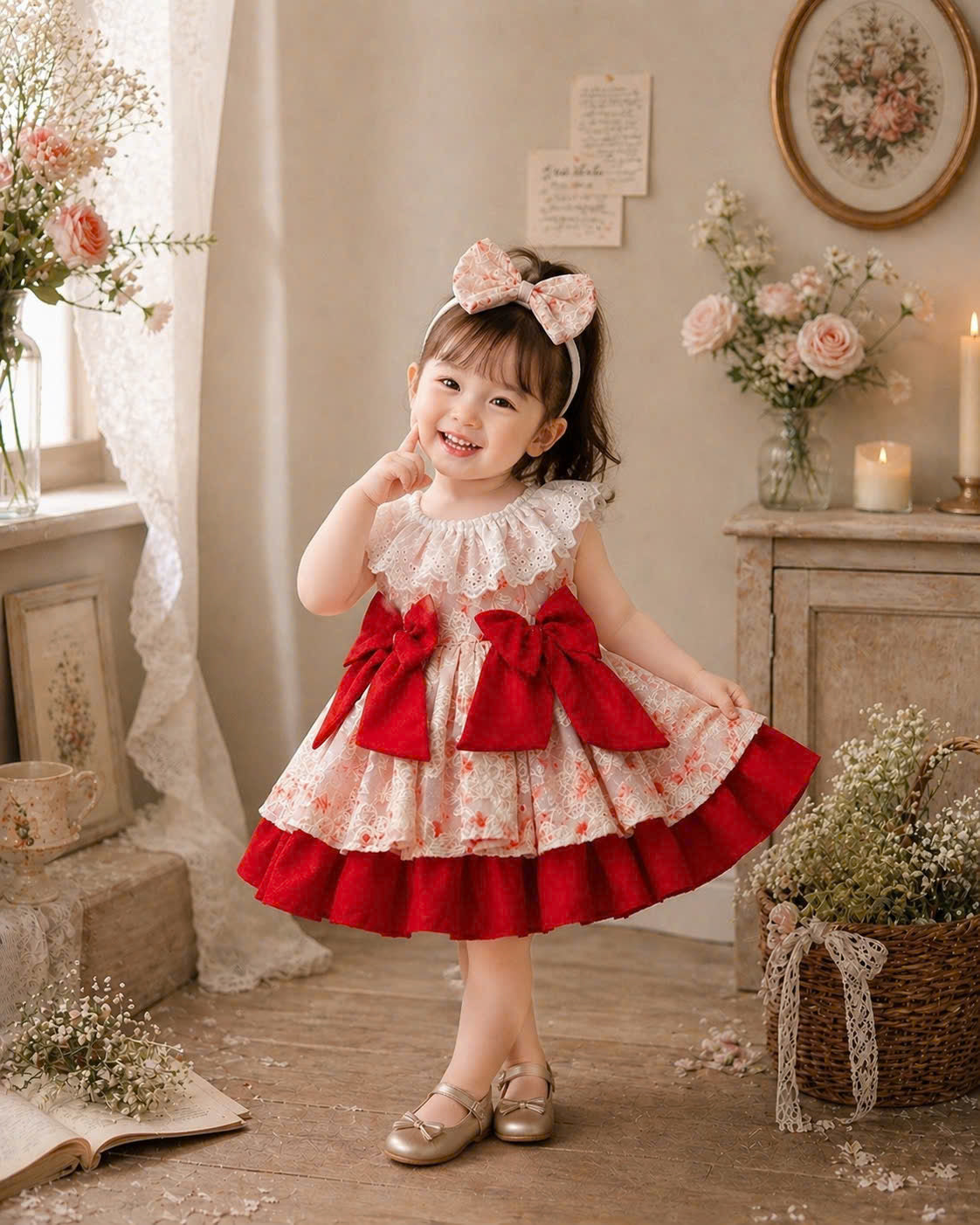 Scarlet Bloom Lolita Dress 3M-2Y | Floral Ruffle Baby Dress with Bow | Birthday & Photoshoot Outfit