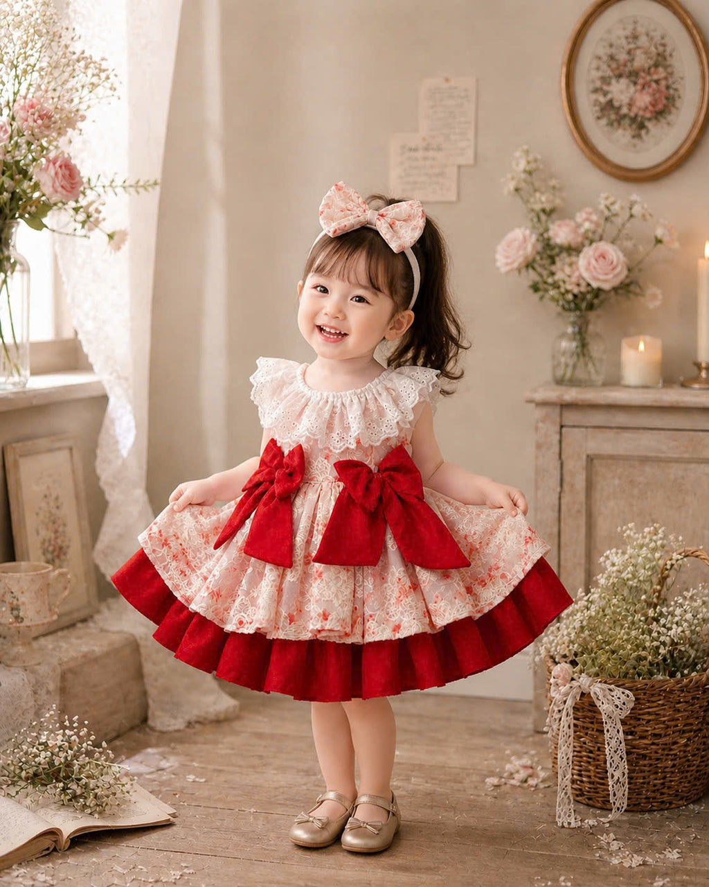 Scarlet Bloom Lolita Dress 3M-2Y | Floral Ruffle Baby Dress with Bow | Birthday & Photoshoot Outfit
