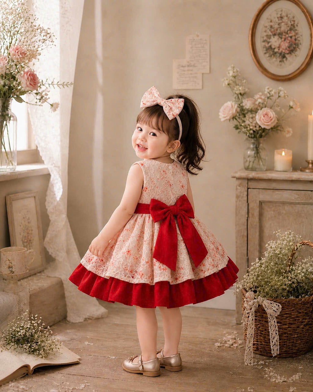 Scarlet Bloom Lolita Dress 3M-2Y | Floral Ruffle Baby Dress with Bow | Birthday & Photoshoot Outfit