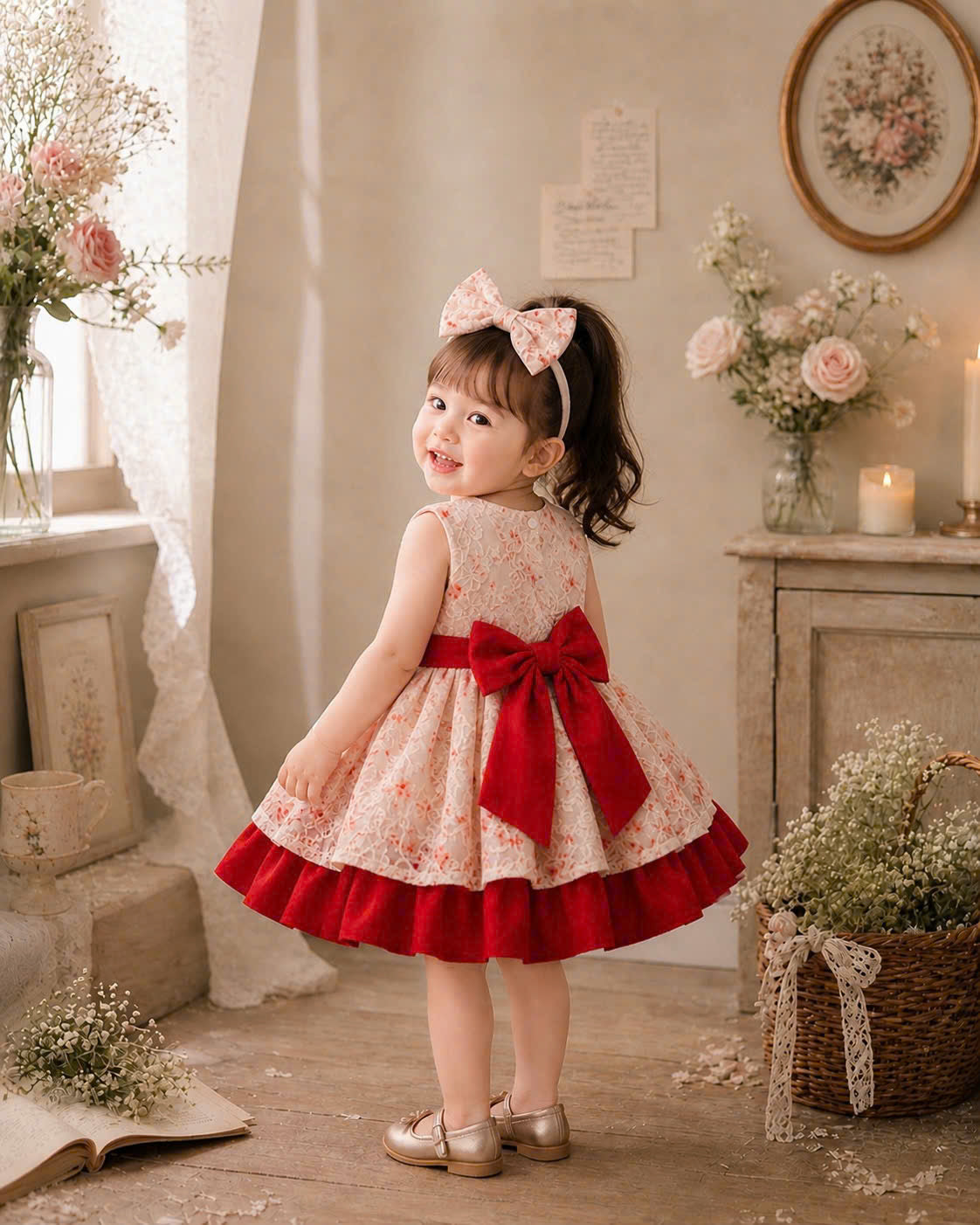Scarlet Bloom Lolita Dress 3M-2Y | Floral Ruffle Baby Dress with Bow | Birthday & Photoshoot Outfit