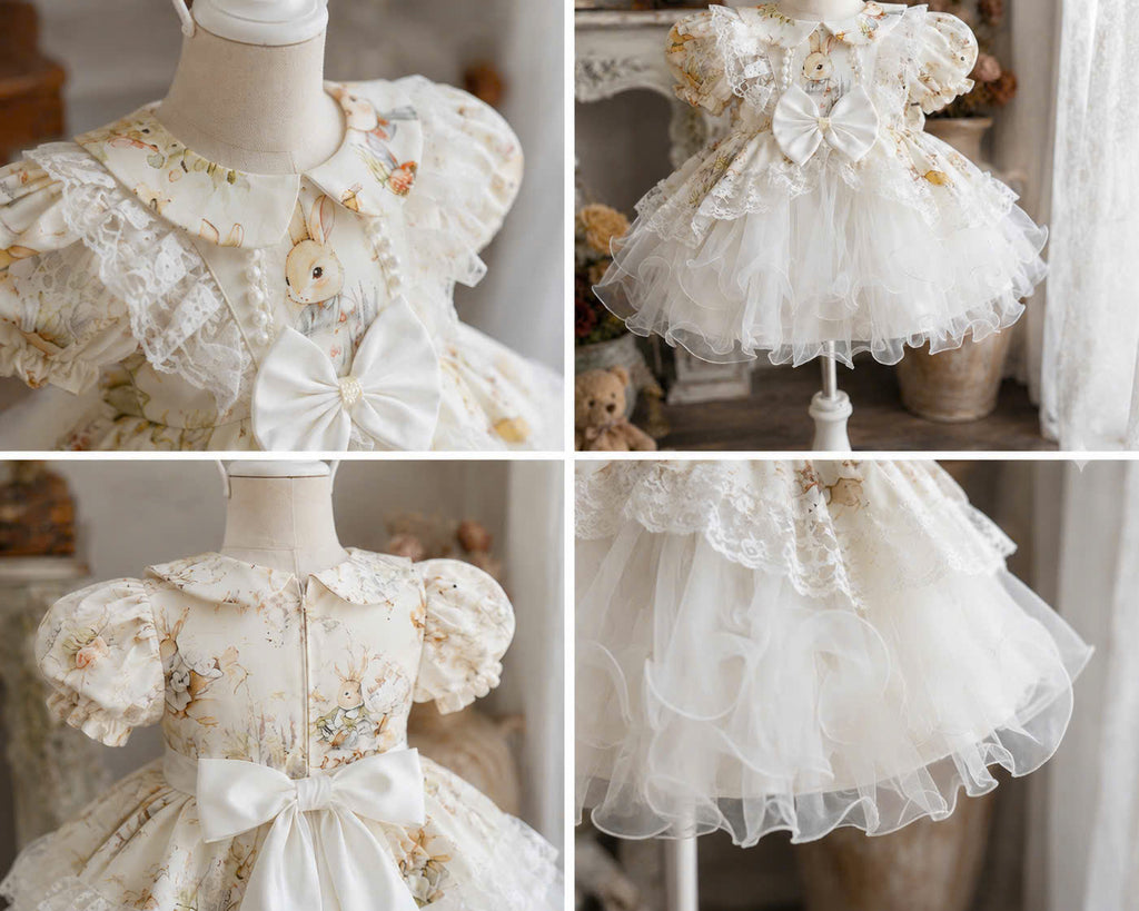 Bunny Belle Lolita Dress0-5Y | Peter Pan Collar Baby Dress with Tulle | Birthday & Photoshoot Outfit